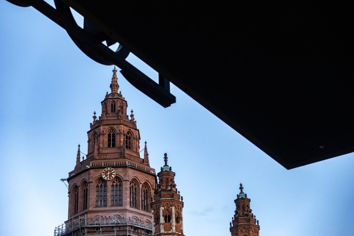 Mainzer Dom St. Martin, am Höfchen Der Mainzer Dom St. Martin im Anschnitt mit dem Douglas am Höfchen vor einem blassem Himmel im Hintergrund.